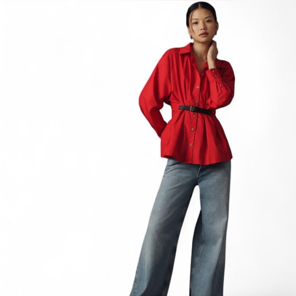 NWT Anthropologie Red Button-Up pleated Shirt collared w/Belt flattering design
